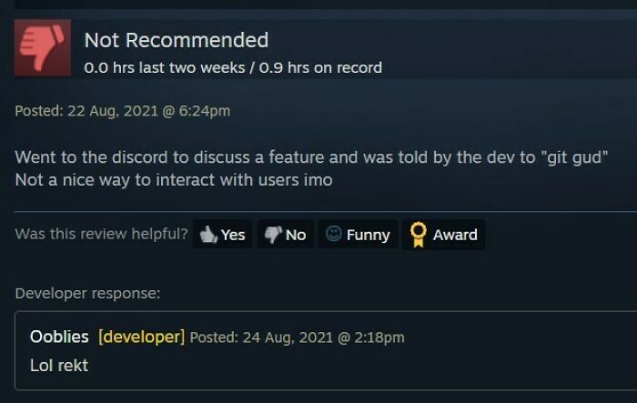 A Steam review with developer response Lol rekt, depicting a comical fever dream meme scenario.