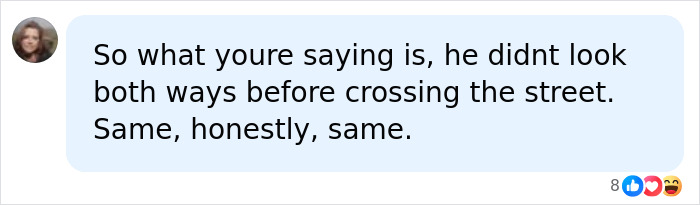 A social media comment relating to Ryan Reynolds being hit by a car for not looking both ways.