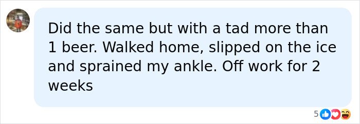 A social media comment about walking home, slipping on ice, and a sprained ankle.