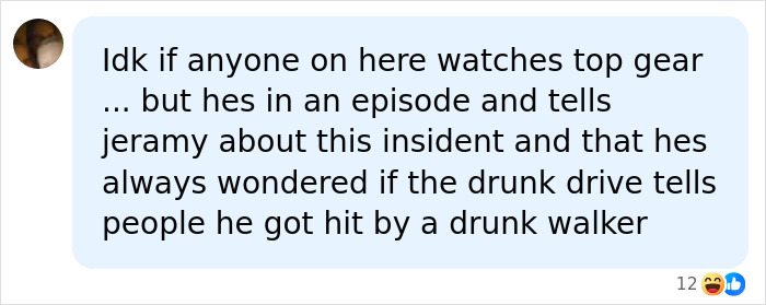 A social media comment discussing Ryan Reynolds being hit by a car at 18 and a Top Gear episode.