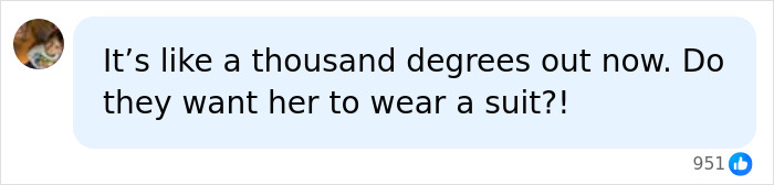 A social media comment asking if the former mayor should wear a suit given the hot weather, relating to her World Cup outfit. A social media comment asking if the former mayor should wear a suit given the hot weather, relating to her World Cup outfit.
