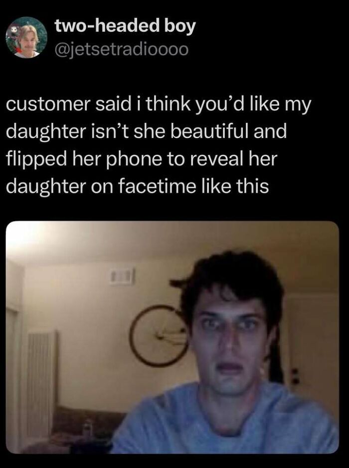 A man with a surprised expression on a FaceTime call, resembling a fever dream meme.