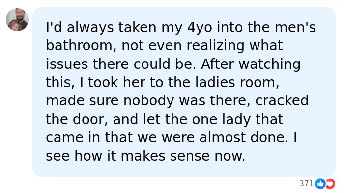 Screenshot of a comment from a Mom Of Girls discussing changing her restroom habits after seeing the viral video. Screenshot of a comment from a Mom Of Girls discussing changing her restroom habits after seeing the viral video.
