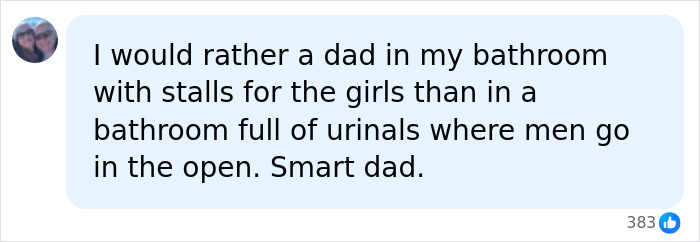 A social media post praising the dad for taking his girls to the restroom, referencing the Male Karen incident. A social media post praising the dad for taking his girls to the restroom, referencing the Male Karen incident.