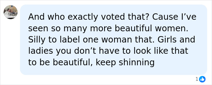 A social media comment questioning the vote for the most beautiful girl in the world, encouraging all women.