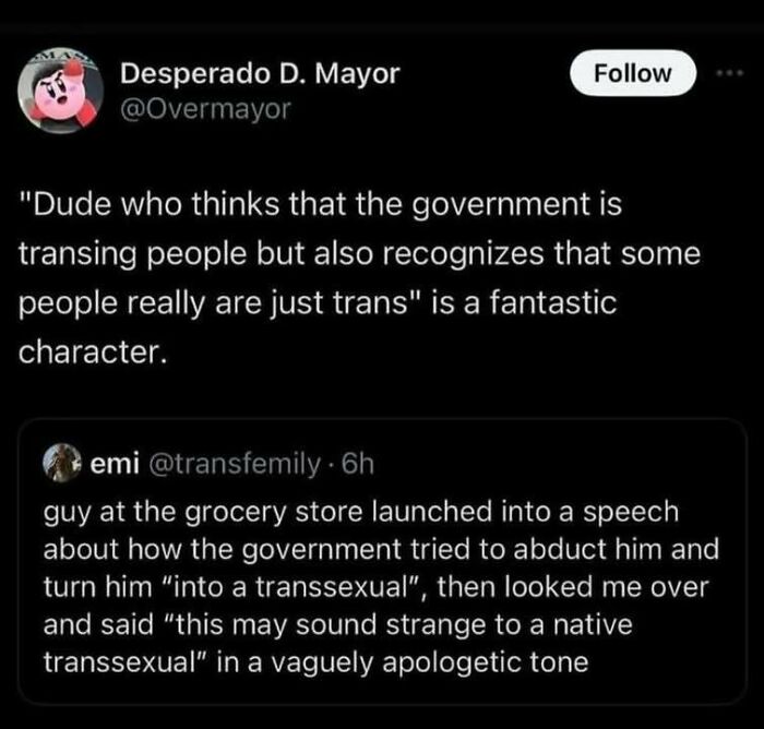 A screenshot of a tweet with a white background and black text, featuring a humorous fever dream meme about trans people.