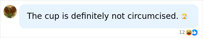A chat bubble with text that reads: The cup is definitely not circumcised. with a surprised face emoji.