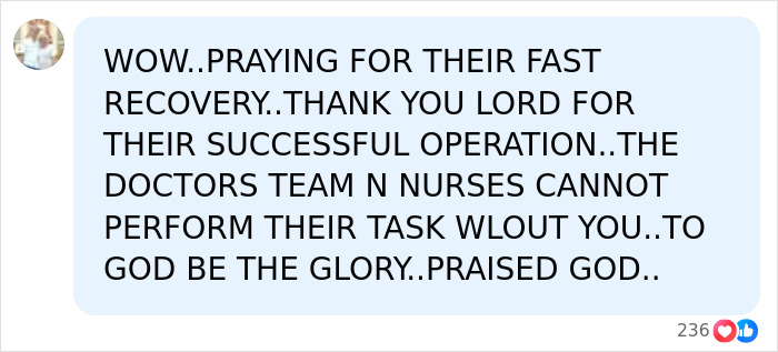 A social media comment praying for recovery after conjoined twins successfully separated in surgery. A social media comment praying for recovery after conjoined twins successfully separated in surgery.