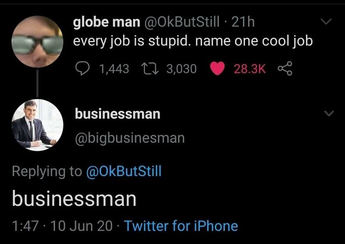 A screenshot of a tweet featuring two profiles, one with globe man and another with businessman, showcasing a fever dream meme.