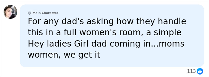 A social media comment suggests a Dad announce his presence in a women's restroom, highlighting the viral restroom video. A social media comment suggests a Dad announce his presence in a women's restroom, highlighting the viral restroom video.