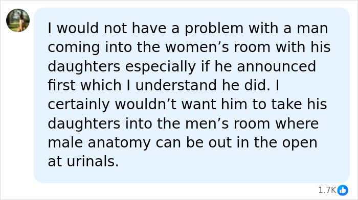 A social media user supports a dad taking daughters to the women's restroom, not the men's, during the Mom Of Girls incident. A social media user supports a dad taking daughters to the women's restroom, not the men's, during the Mom Of Girls incident.