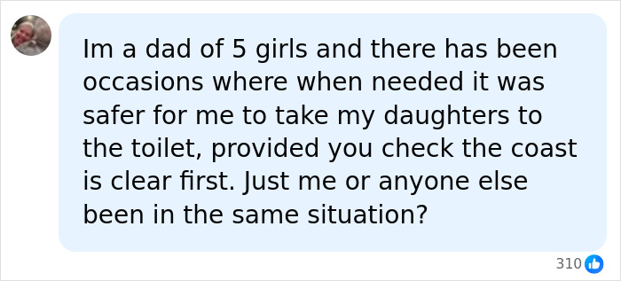 A social media user comments on dads taking girls to the restroom, referencing the Mom Of Girls incident. A social media user comments on dads taking girls to the restroom, referencing the Mom Of Girls incident.