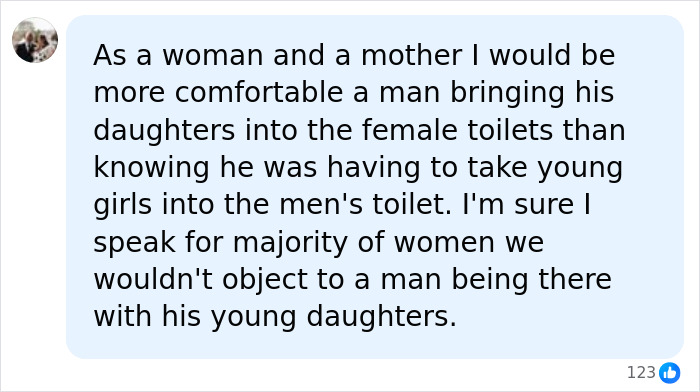 A social media comment explains comfort with a Dad bringing his daughters to the female toilet, addressing the viral restroom video. A social media comment explains comfort with a Dad bringing his daughters to the female toilet, addressing the viral restroom video.