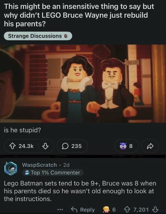 A Reddit post about LEGO Bruce Wayne, which feels like a fever dream, questioning why he didn't rebuild his parents.
