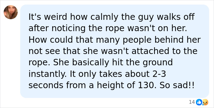 Comment noting calm reaction despite rope not being attached in rope jumper tragedy Comment noting calm reaction despite rope not being attached in rope jumper tragedy