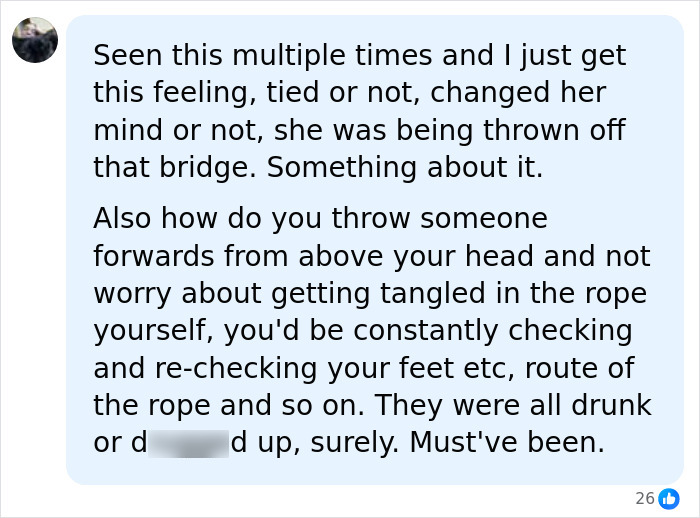 Comment doubting circumstances of rope jumper d***h and safety checks Comment doubting circumstances of rope jumper d***h and safety checks