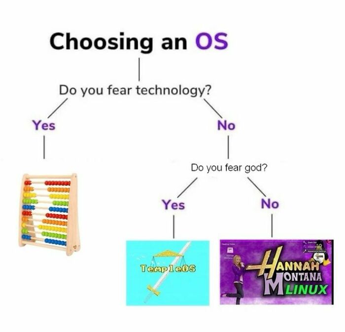 A flowchart for choosing an OS, leading to an abacus, TempleOS, or Hannah Montana Linux, like a fever dream meme.