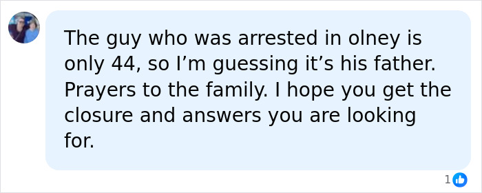 A social media comment about a mom and disturbing details, mentioning an arrested guy in Olney.