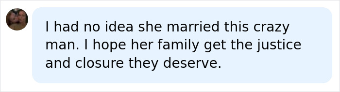 A social media comment expressing surprise about a marriage and hoping for justice and closure regarding the mom and disturbing details.
