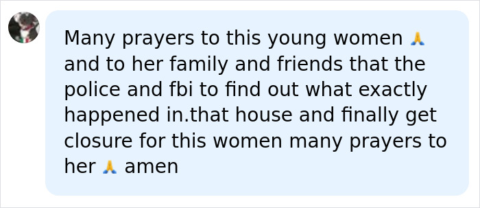 A social media comment offering prayers for a young woman and her family, hoping the FBI unravels disturbing details.