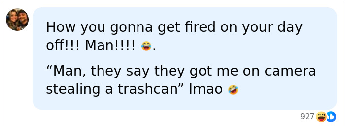 A social media comment about being fired for stealing a trashcan, referencing the JPMorgan exec and Knicks trashcan. A social media comment about being fired for stealing a trashcan, referencing the JPMorgan exec and Knicks trashcan.