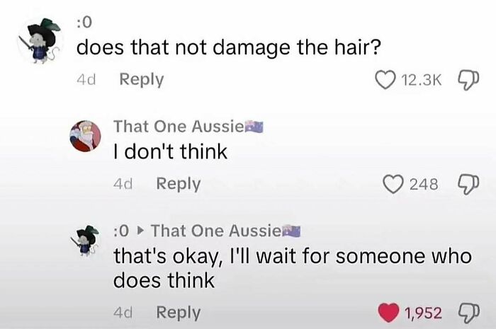 A series of social media comments discussing hair damage, creating a fever dream meme.