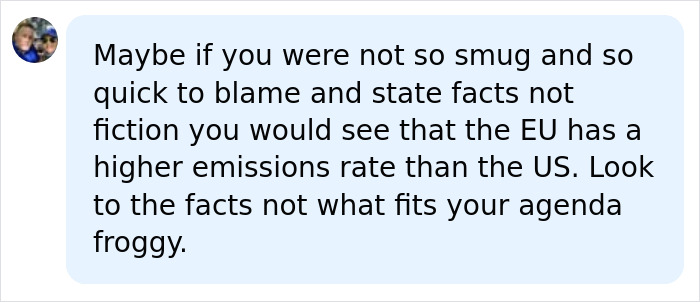 Social media comment on Europe's Climate Crisis, blaming Americans and discussing EU emissions rates. Social media comment on Europe's Climate Crisis, blaming Americans and discussing EU emissions rates.