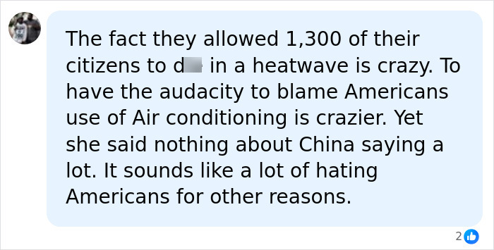 A social media comment about blaming Americans for Europe's climate crisis and heat wave casualties, referencing China. A social media comment about blaming Americans for Europe's climate crisis and heat wave casualties, referencing China.