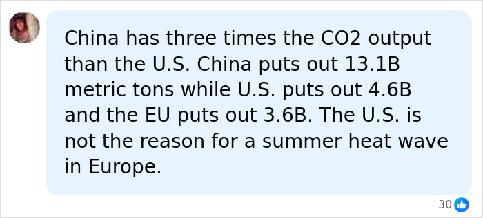 A social media comment discussing China's CO2 output compared to the U.S. and its relation to Europe's climate crisis. A social media comment discussing China's CO2 output compared to the U.S. and its relation to Europe's climate crisis.
