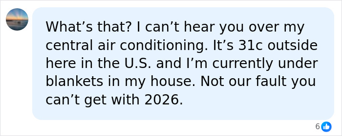 A social media comment about central air conditioning and a heat wave in Europe, refuting blame for the climate crisis. A social media comment about central air conditioning and a heat wave in Europe, refuting blame for the climate crisis.