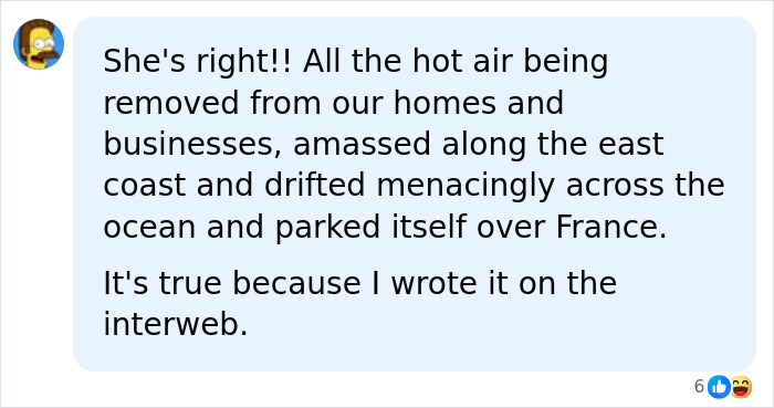 A social media comment suggesting Americans are to blame for the heat wave and Europe's climate crisis. A social media comment suggesting Americans are to blame for the heat wave and Europe's climate crisis.