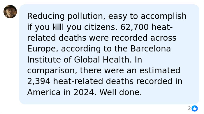 A social media comment on reducing pollution, heat-related deaths in Europe, and America's climate crisis response. A social media comment on reducing pollution, heat-related deaths in Europe, and America's climate crisis response.