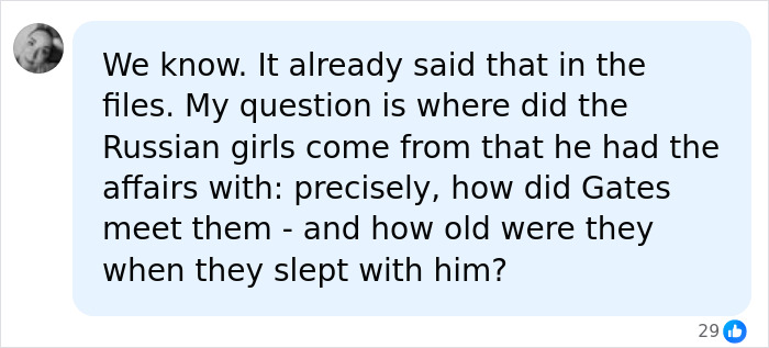 Comment questioning details of Bill Gates affairs from Epstein files and Russian girls involved Comment questioning details of Bill Gates affairs from Epstein files and Russian girls involved