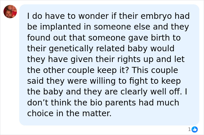 A chat message questions the rights and choices of biological parents in an IVF baby mix-up scenario.
