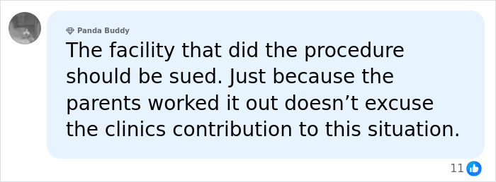 A comment suggesting that the facility should be sued for the IVF mother implanted with wrong baby mix-up.