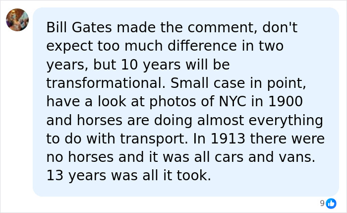 A social media comment quoting Bill Gates on the transformational impact of AI on jobs worldwide over 10 years.