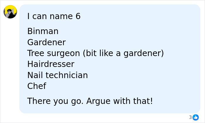 A social media comment listing careers safe from AI, including binman, gardener, hairdresser, and chef.