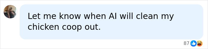 A social media comment asking when AI will clean a chicken coop, reflecting job displacement concerns.