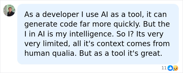 A social media comment from a developer using AI as a tool for generating code, discussing AI's role in careers.