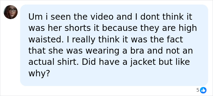 A social media user discusses a fitness influencer's outfit, noting it was a bra and not a shirt, causing her denied boarding.
