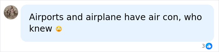 A social media user sarcastically comments that airports and airplanes have air conditioning regarding a fitness influencer outfit.