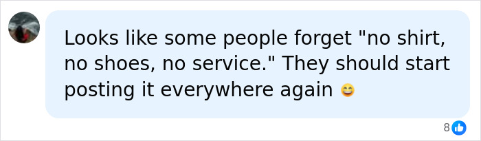A social media comment about a skimpy outfit and a no shirt, no shoes, no service policy.