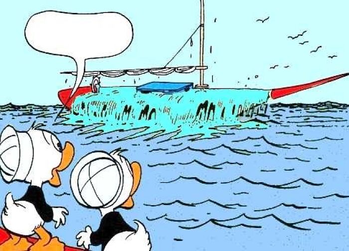 Two cartoon ducks watching a boat, a silly solution in a comic scene.