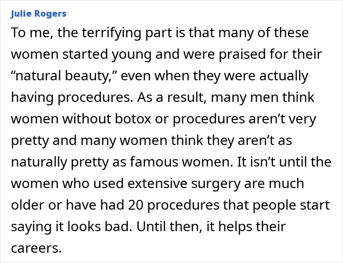 Comment on natural beauty and regrets about early plastic surgery procedures