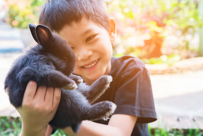 Primary boy holding black rabbit and smiling outdoors