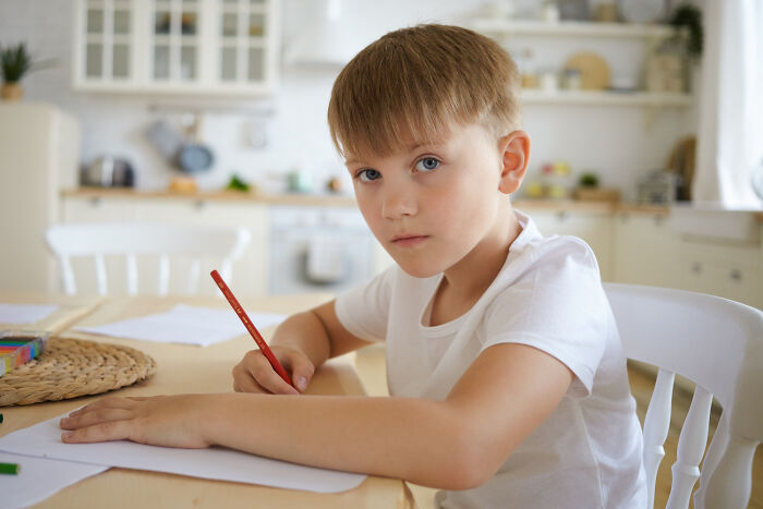 Primary boy drawing intently showing psychopathic behavior at home