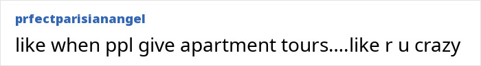 A comment warning homeowners about sharing too much online, specifically apartment tours.