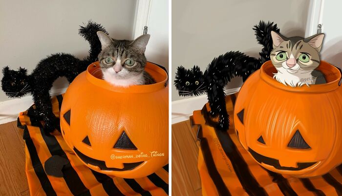 A tabby cat in a Halloween pumpkin bucket next to a black cat decoration, Disneyfied into a cartoon pet.