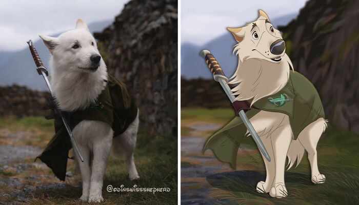 A white Swiss Shepherd dog in a cloak with a sword, Disneyfied as a brave cartoon character in a scenic landscape.