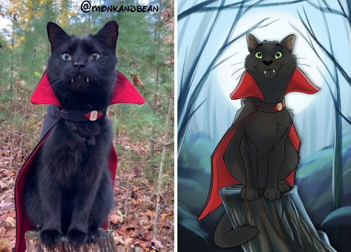 A black cat wearing a vampire costume, Disneyfied into a cartoon with glowing green eyes and fangs.